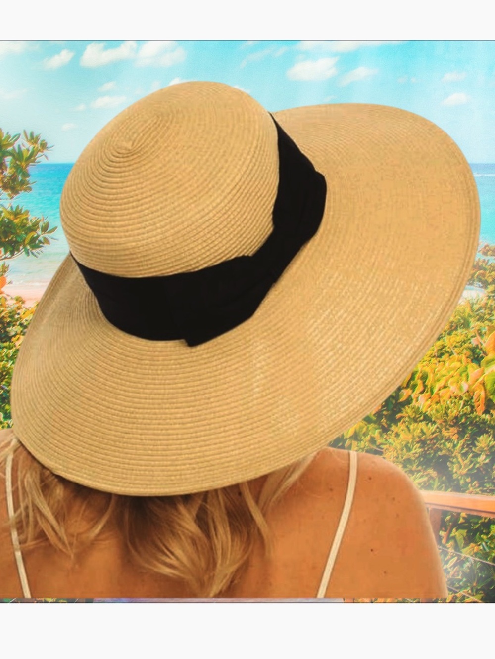 WIDE BRIM STRAW HAT BLACK BAND and BOW